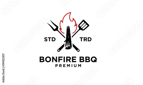 Vintage Bonfire BBQ Logo Design with Grill Fork, Spatula, and Fire Flames Emblem