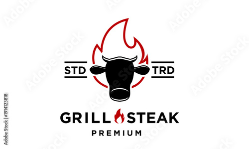 Grill Steak Premium Logo Design with Cow Head Silhouette and Red Flame Symbol for Meat Restaurants