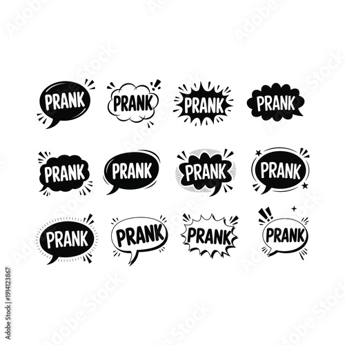 Comic-style speech bubble containing the word “PRANK” lettering on white background. 