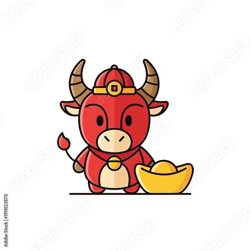Cute red cartoon bull wearing traditional Chinese hat beside gold ingot on white background, concept for lunar new year celebration, wealth prosperity advertising and festive greeting cards