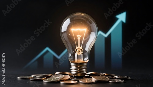 Light bulb filled with stacked coins and ascending digital graphs, glowing against dark background, symbolizing innovation-driven financial growth
