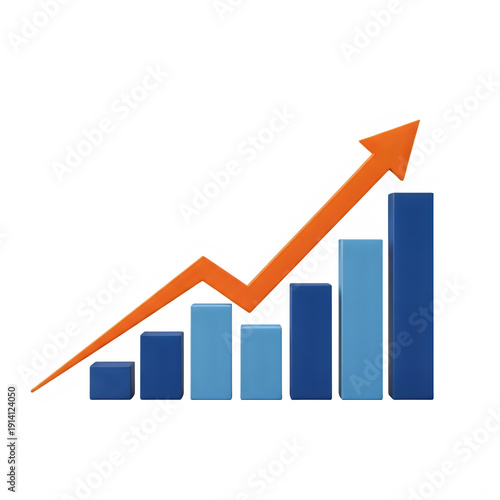 Orange arrow rising upward with a bar graph isolated on transparent background
