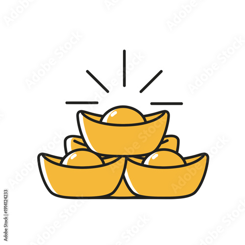 Stack of traditional Chinese golden sycee ingots with shining rays isolated on white background, concept for lunar new year celebration, financial prosperity and wealth management