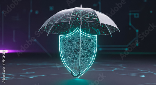 Cybersecurity and insurance concept with 3D umbrella protecting a glowing shield icon, representing data protection, risk management