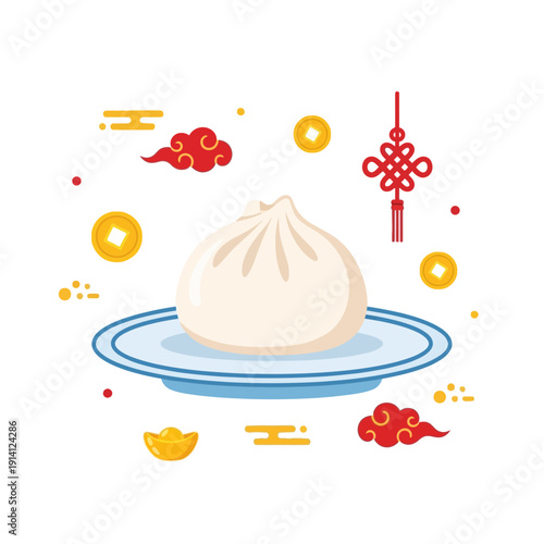 Traditional steamed baozi on a blue plate with golden coins and red clouds flat illustration, concept for chinese restaurant menu, lunar new year celebration and asian cuisine advertising