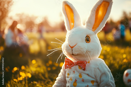 Funny Easter bunny mascot entertaining group of happy children during outdoor spring party celebration in park, generative ai