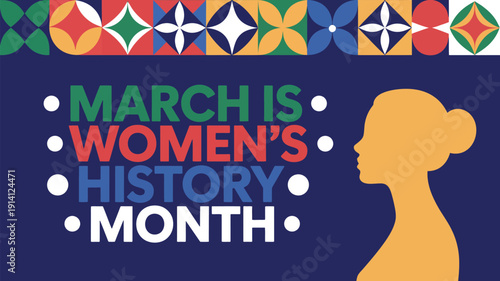 march is women’s history month celebration banner with female silhouette colorful pattern background empowerment concept