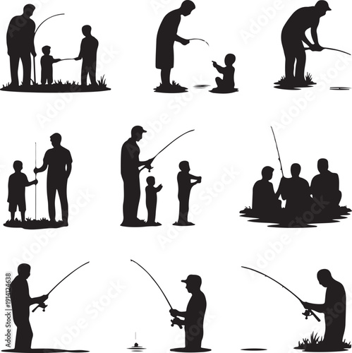 Silhouette of people fishing alone or with family on white background