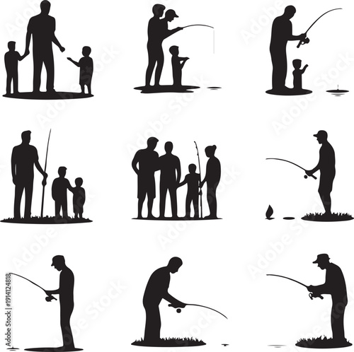 Silhouette of people fishing and family on grass and water  recreational outdoor activity
