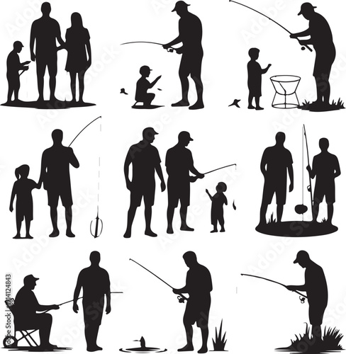 Silhouette of people fishing alone or with family  various poses and activities