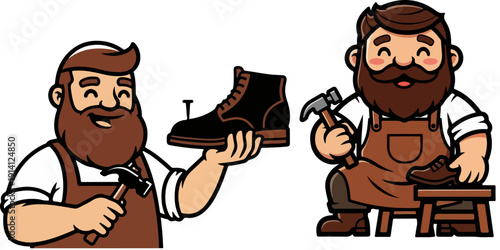 Vector illustration of two happy bearded cobblers in brown aprons, one holding a black leather boot with a nail, the other hammering a shoe on a stool, isolated on transparent background.