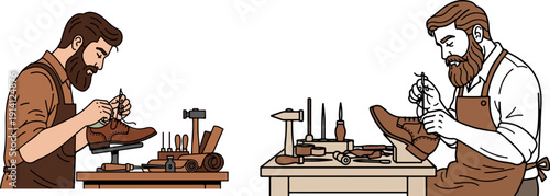 Vector illustration of two bearded cobblers in brown aprons meticulously crafting and repairing leather shoes with various tools on wooden workbenches, isolated on transparent background.