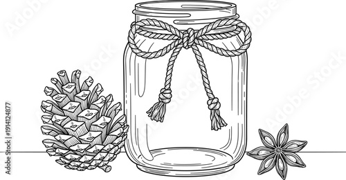 Vintage Mason Jar with Rope and Pinecone Vector Illustration in Hand Drawn Engraving Style for Rustic Packaging and Decorative Design