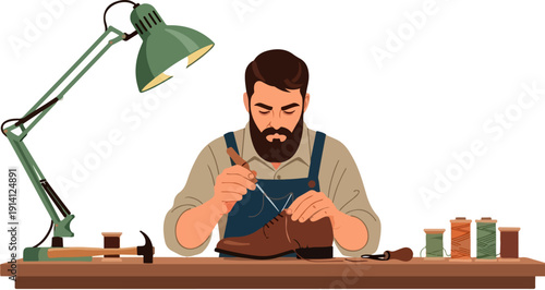 Vector illustration of a bearded shoemaker in an apron stitching a brown leather shoe on a wooden workbench under a green desk lamp, isolated on transparent background.