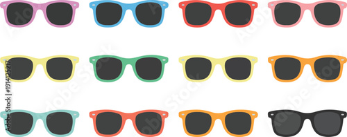 Colorful Sunglasses Icon Set  Eyewear with Black Frames and Tinted Lenses