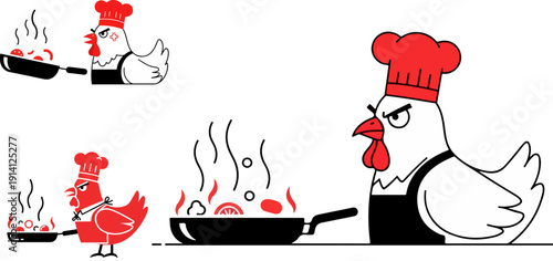 Vector illustration of an angry white chicken chef in a red hat and black apron cooking in a frying pan with steam, isolated on transparent background.