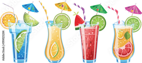 Colorful Summer Cocktail and Lemonade Drink Vector Set with Fruit and Ice
