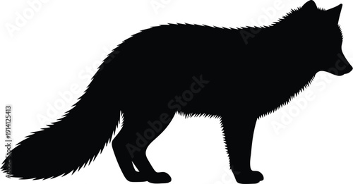 Black silhouette of a wild fox standing alertly on a plain background.