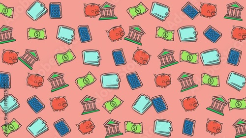 Pattern of piggy banks, money wallets, and banks suitable for finance, savings, banking, investment concepts in design projects.