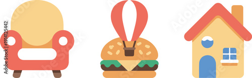 Simple Cute Icon Set  Armchair, Hamburger, Hot Air Balloon and House Symbols