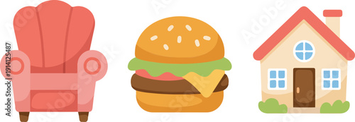 Simple Cute Icon Set  Armchair, Hamburger, Hot Air Balloon and House Symbols