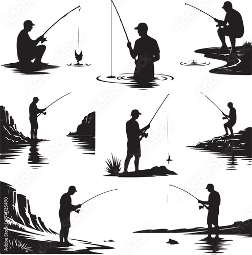 silhouette of men fishing in various poses on riverbanks and in water  different fishing techniques