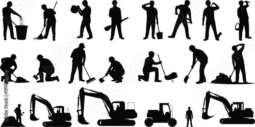 Construction worker silhouettes set, laborers with tools and heavy equipment, industrial building and excavation collection isolated