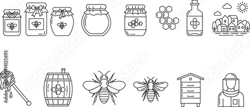 Beekeeping Outline Icon Vector Set with Honey Jars, Bees, Beehive, Apiary Tools and Natural Honey Production Symbols