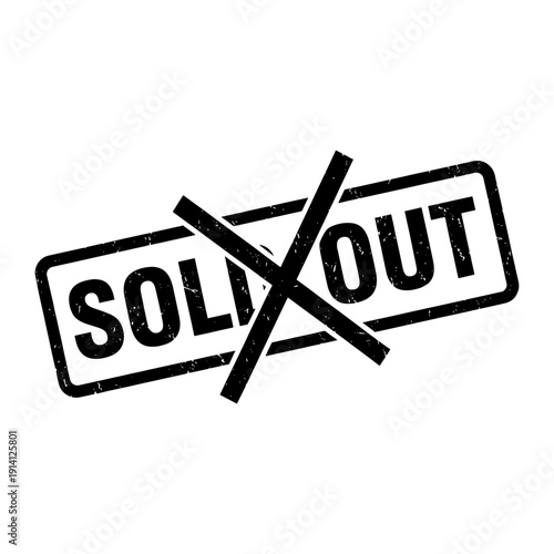 A black stamp displaying the word sold out with diagonal lines silhouette