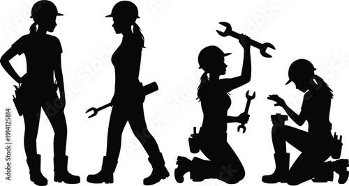 Female construction worker silhouettes set, women builders with tools in action, professional trade collection isolated on white