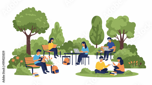 Illustration of people relaxing and working in a park with trees and greenery, conveying a serene outdoor lifestyle.