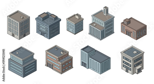 Isometric buildings collection a set of diverse architectural structures in a 3D pixel art style, perfect for urban planning and city-building games
