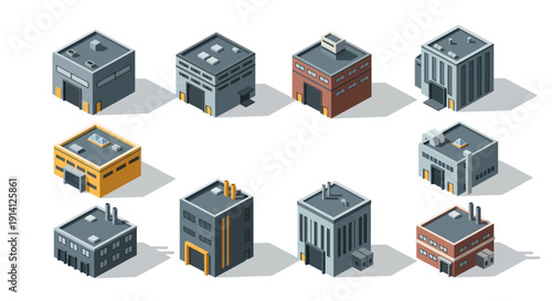 Isometric architectural designs of industrial warehouses and factory buildings
