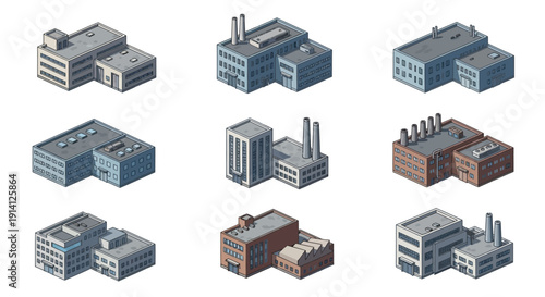 Collection of isometric industrial factory buildings and manufacturing plants, symbolizing industry and production