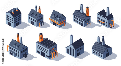 Isometric industrial factory buildings with pipes and chimneys in a grid layout, representing manufacturing and production