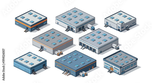 Isometric 3D illustration of various industrial buildings and warehouses with a clean, modern aesthetic