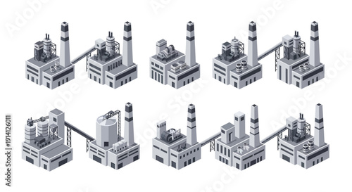 Collection of isometric industrial factory buildings with pipes and chimneys, illustrating manufacturing and production processes