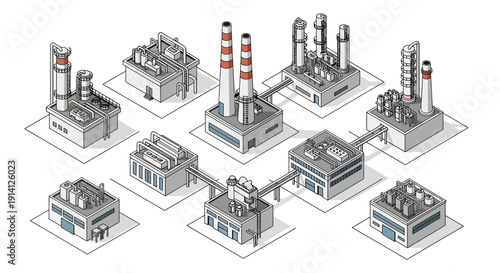 An isometric illustration of an industrial complex with interconnected factories and chimneys, representing production and manufacturing