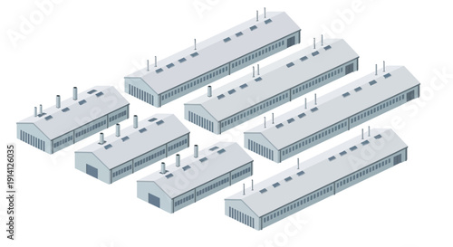 Industrial factory buildings with multiple chimneys, representing manufacturing and production facilities in a row