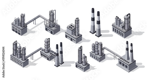 Isometric industrial factory buildings with pipes and chimneys, representing manufacturing and production facilities in a schematic style