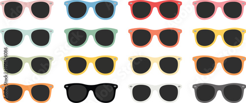 Colorful Sunglasses Icon Set  Eyewear with Black Frames and Tinted Lenses