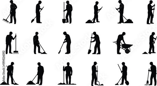 Ground worker silhouettes set, people digging raking and moving soil, outdoor maintenance collection isolated on white