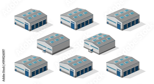 Collection of isometric warehouses or industrial buildings on a white background, representing logistics and storage facilities