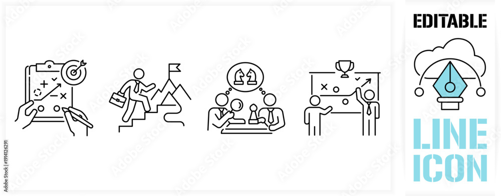 Fototapeta premium Editable line icon set in black simple and clean vector outline stroke for business strategy planning, competitive chess tactics, career climbing to success, corporate leadership and goal achievement