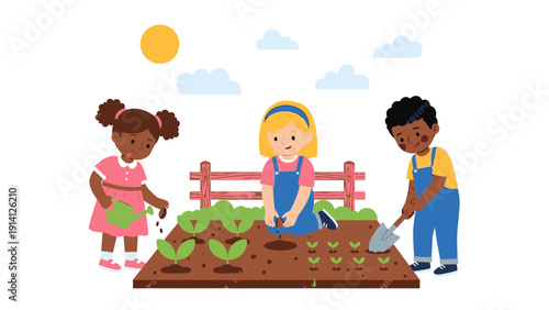 Three diverse children gardening together outdoors with a sunny sky and fence in the background, conveying a happy and cooperative mood.