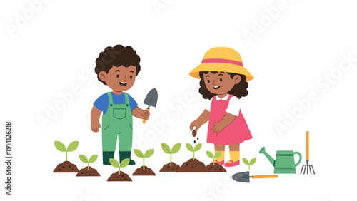 Two happy children planting seedlings with gardening tools on a clean white background with a playful and green mood.