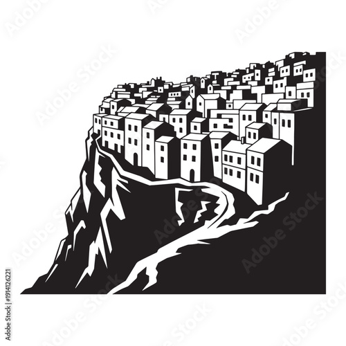 Coastal village clinging to a steep cliffside, black and white illustration