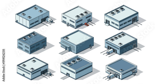 Collection of isometric industrial building illustrations with rooftop units and loading docks, representing manufacturing and logistics facilities