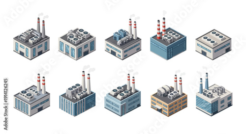 Collection of Isometric Industrial Buildings and Factories, Representing Manufacturing and Production Facilities