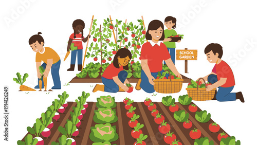 Illustration of diverse people harvesting and tending to various vegetables in a community garden with a white background.